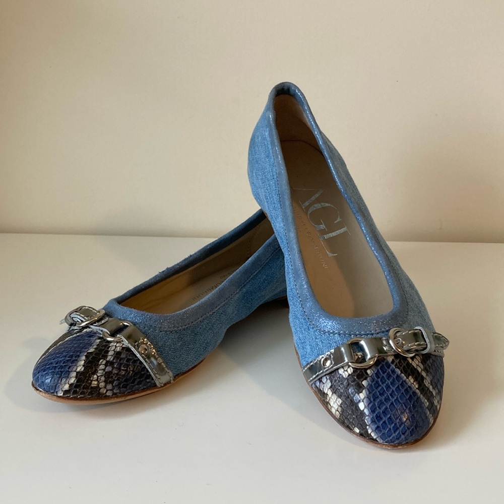 AGL Women's Denim Snakeskin print Cap Toe Ballet Flats Size EU 36.5 EUC